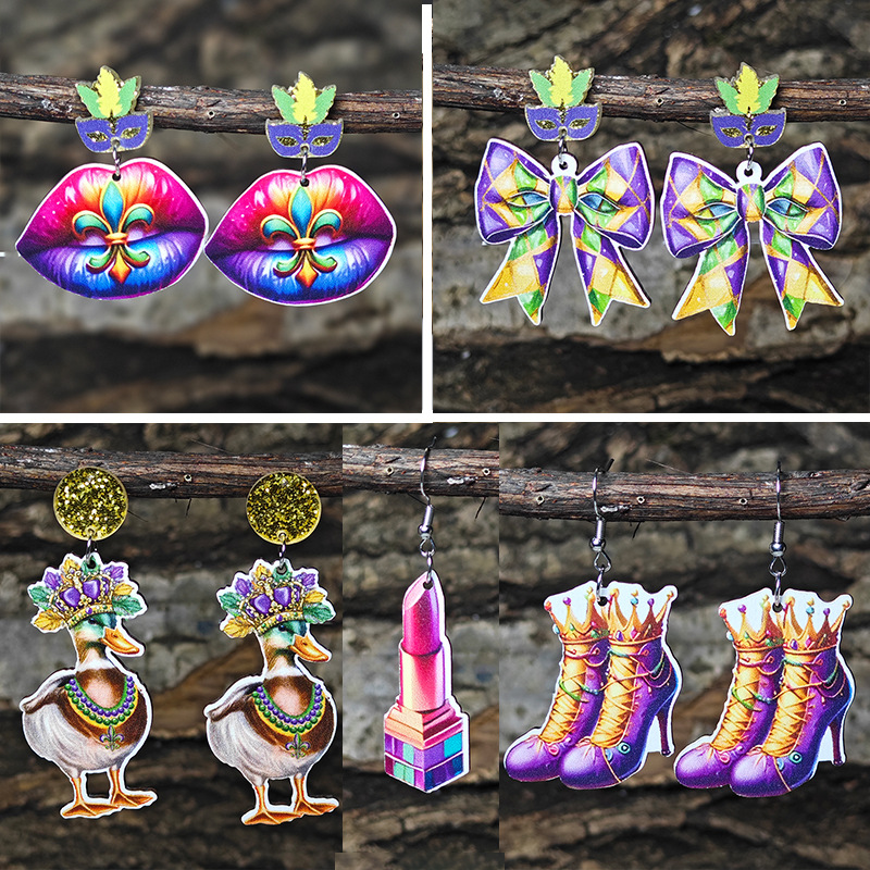 Wholesale 2025 New Amazon Carnival Earrings Mask Crown Duck Boots Lipstick Zijin Holiday Atmosphere Earrings