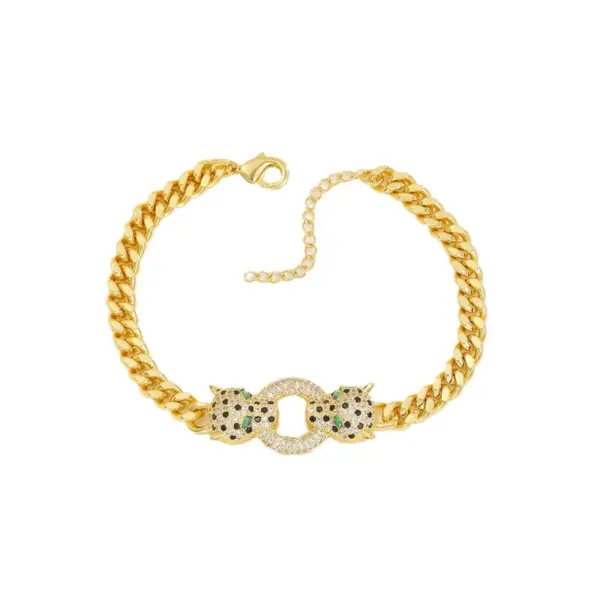 Wholesale Unisex Micro-Paved Zircon Copper Bracelet Double Leopard Head Cuban Chain Punk Style True Gold Plated Hip Hop Jewelry