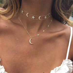 Wholesale popular personalized diamond five-pointed star moon combination multi-layer female necklace Star Crescent Diamond clavicle chain