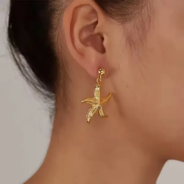 Wholesale Ocean Pattern Tassel Stud Earrings For Women, 304 Stainless Steel With 18K Real Gold PVD Coated Plating, 0.01µm Thickness
