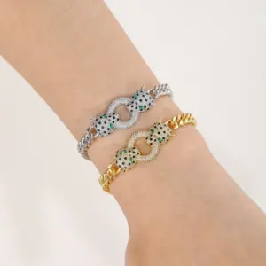 Wholesale Unisex Micro-Paved Zircon Copper Bracelet Double Leopard Head Cuban Chain Punk Style True Gold Plated Hip Hop Jewelry