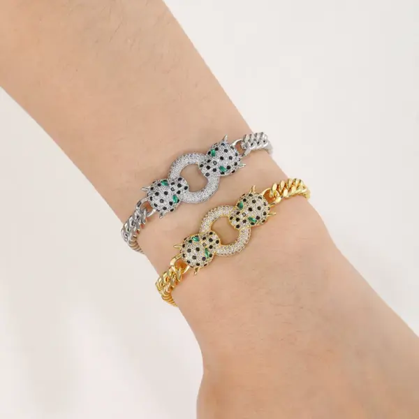 Wholesale Unisex Micro-Paved Zircon Copper Bracelet Double Leopard Head Cuban Chain Punk Style True Gold Plated Hip Hop Jewelry