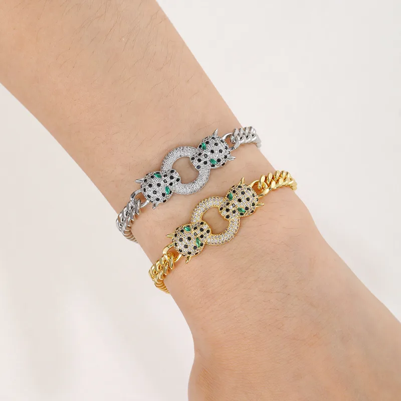 Wholesale Unisex Micro-Paved Zircon Copper Bracelet Double Leopard Head Cuban Chain Punk Style True Gold Plated Hip Hop Jewelry
