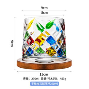 Contrast color gemstone rotating whiskey glass with wooden holder