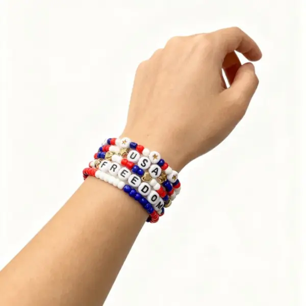Wholesale Independence Day Stackable Beaded Bracelet Set Red White Blue USA FREEDOM Acrylic Cuff Unisex Style Letter Craft
