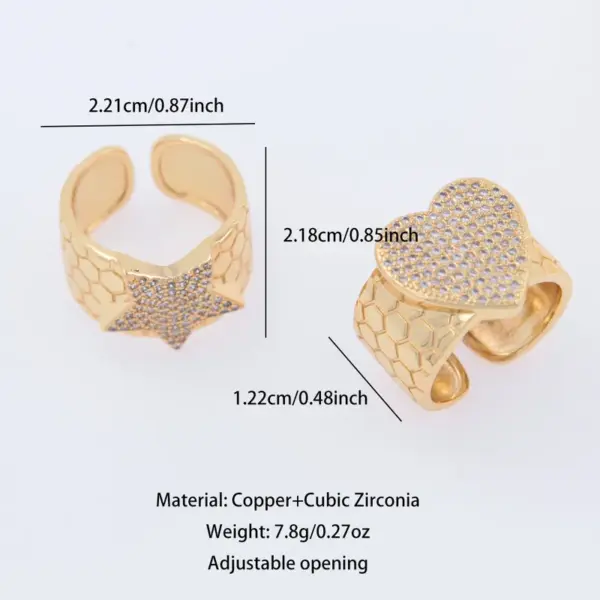 Wholesale Jewelry Elegant Retro Streetwear Star Heart Shape Copper Zircon 18K Gold Plated Open Rings