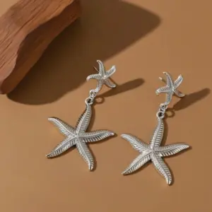 E090-Striped Starfish-Earrings-Steel Color
