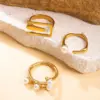Wholesale Irregular Titanium Steel Rings For Women With Real Gold Plated And Imitation Pearl Inlay, 3 Pieces Set