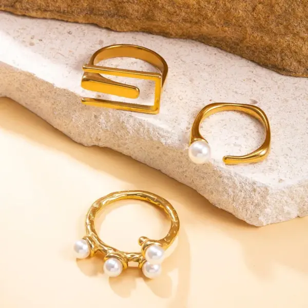 Wholesale Irregular Titanium Steel Rings For Women With Real Gold Plated And Imitation Pearl Inlay, 3 Pieces Set
