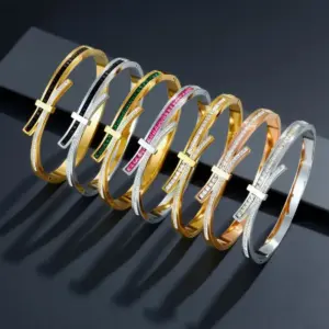 Wholesale Bow Tie Bangle For Women In Steel Color Titanium Steel With Rhinestones Featuring Electroplated Finish