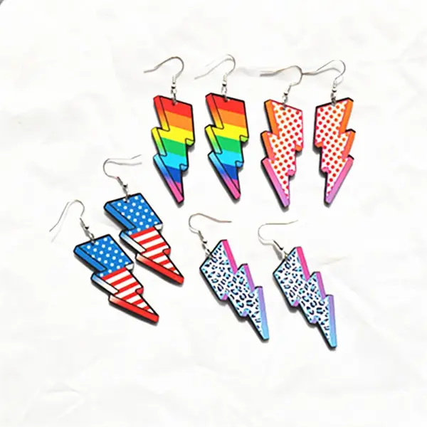 oly-0e94e9e550995f3d71b70de942fc03c9 Wholesale 1 Pair Cute Sweet Printing American Flag Lightning Arylic Metal Drop Earrings