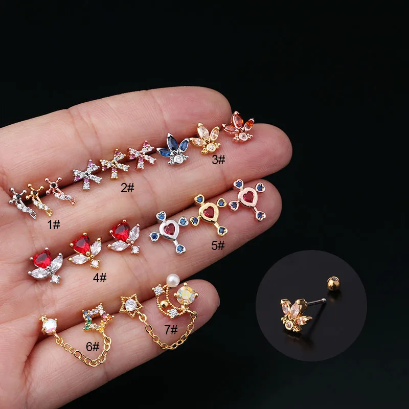 Wholesale Copper Artificial Gemstones Ear Cartilage Rings & Studs Geometric Waterproof Non Tarnish Surgical Steel