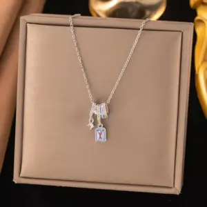 【8288】Geometric Pink Diamond Necklace【Silver】