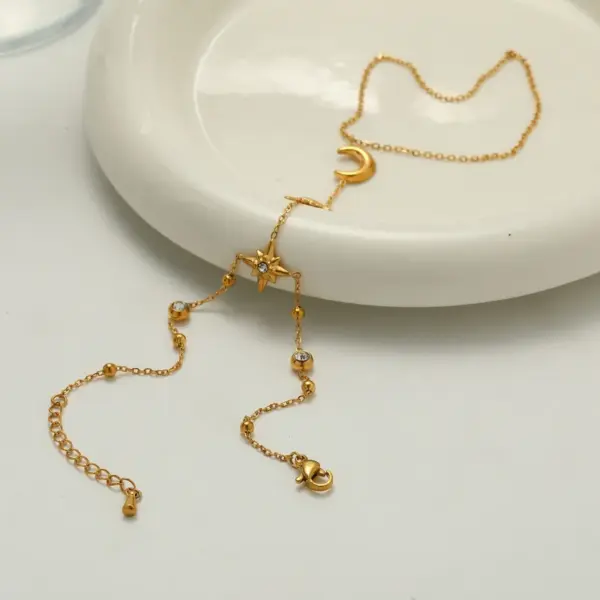 Wholesale Sun Star Moon Vacuum Plating (In Furnace) 304 Stainless Steel Zircon Plated 18K Real Gold Lobster Clasp Cable Chain/Cross Chain/O Chain Bracelet For Women