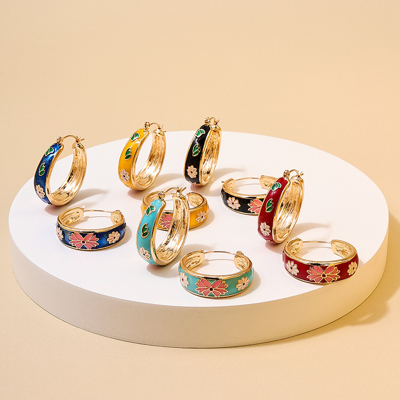 Wholesale European and American exquisite retro trendy circle ear buckle micro-inlaid color all-match design flower women's earrings