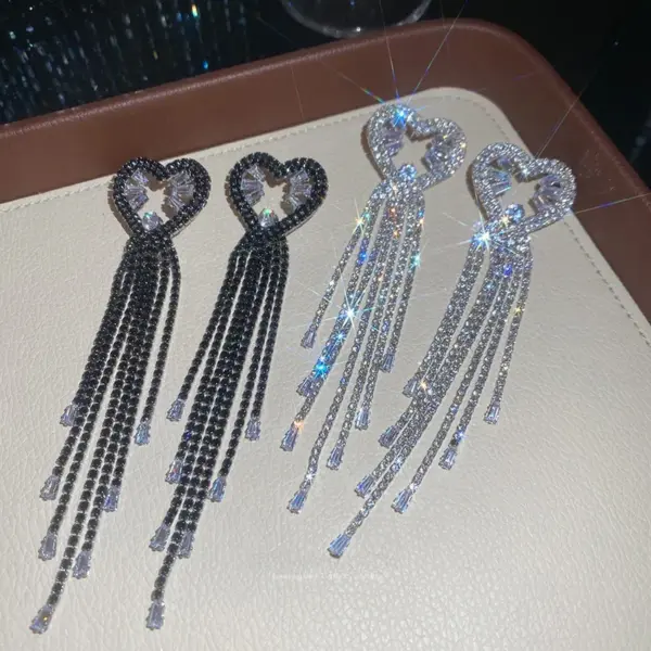 Wholesale Heart Shape Stud Earrings For Women Featuring Silver Copper Tassel Design With Rhinestones And 304 Stainless Steel Posts