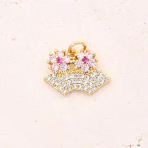 Colorful Zircon Flower Fan Pendant (Gold) / 12 X17mm (Aperture: 3mm) / 1 Pc/Package