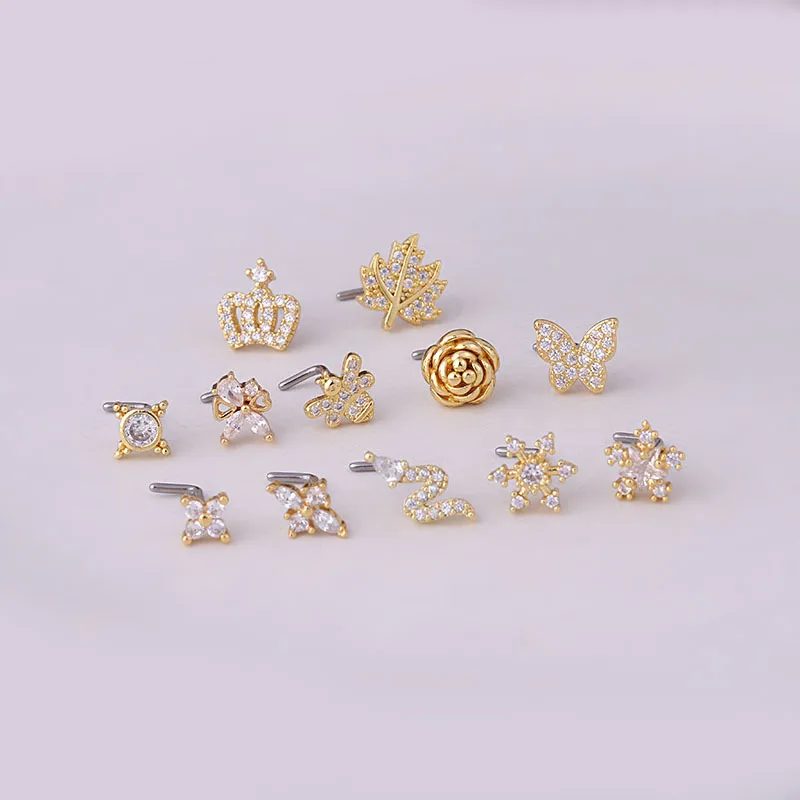 Wholesale 316L Stainless Steel Copper Nose Rings & Studs Crown Flower Waterproof Non Tarnish Surgical Steel Women'S