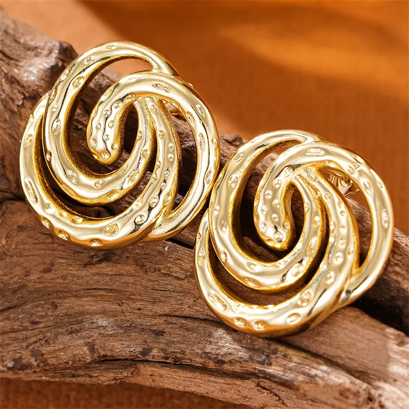 Wholesale Three-dimensional Geometric Stud Earrings For Women In Copper With KC Golden Water Plating And 0.03µm Thickness