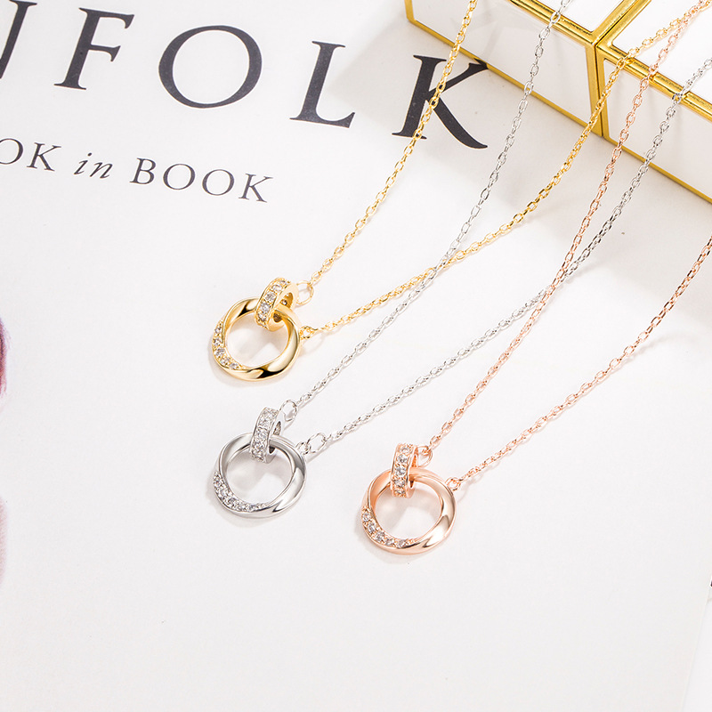 Wholesale Diamond-Encrusted Double-Ring Möbius Ring Couple Necklace, a Pair of Men's and Women's Light Luxury Niche High-End Valentine's Day Gift