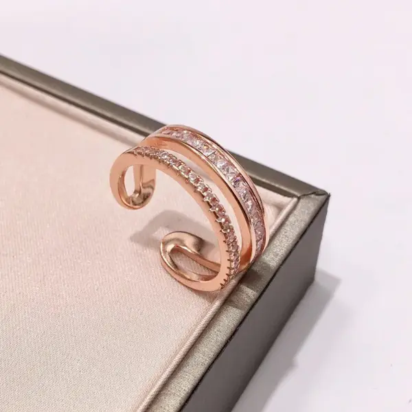 Wholesale Women’s C Shape Open Ring In Brass With 18K Real Gold Plated Water Plating And Zircon Inlay, Featuring Bezel Setting