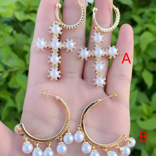 Wholesale 1 Pair/Package Modern Style Simple Style Cross Semicircle Polishing Copper Acrylic Pearl 18K Gold Plated Drop Earrings Ear Studs