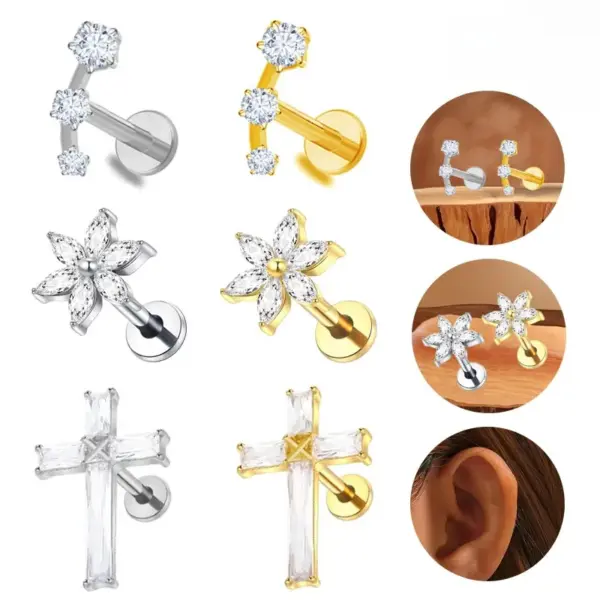 Wholesale Titanium Alloy Cross Stud Earrings Insert Piercing Bone Stud Earrings Zirconia Earrings Unisex Heart Pattern Electroplated Design