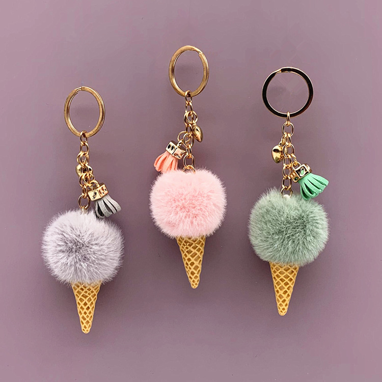 Wholesale Ice Cream Keychain Cute Bag Cartoon Plush Pendant Cone Car Key Chain Ring Fur Ball Creative Gift