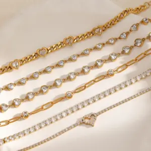 Wholesale Niche High-end Jewelry 18K Gold Plated 304 Stainless Steel Vacuum Electroplated Rhinestone Geometric Heart Zircon Waterproof Non-fading Bracelet For Women