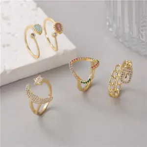 Wholesale Unisex Moon Open Ring In Copper With 14K Real Gold Electroplated Finish And Zircon Inlay