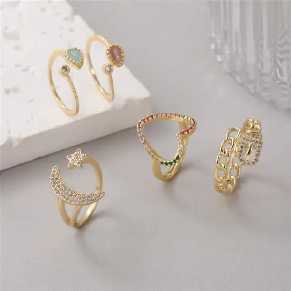 Wholesale Unisex Moon Open Ring In Copper With 14K Real Gold Electroplated Finish And Zircon Inlay