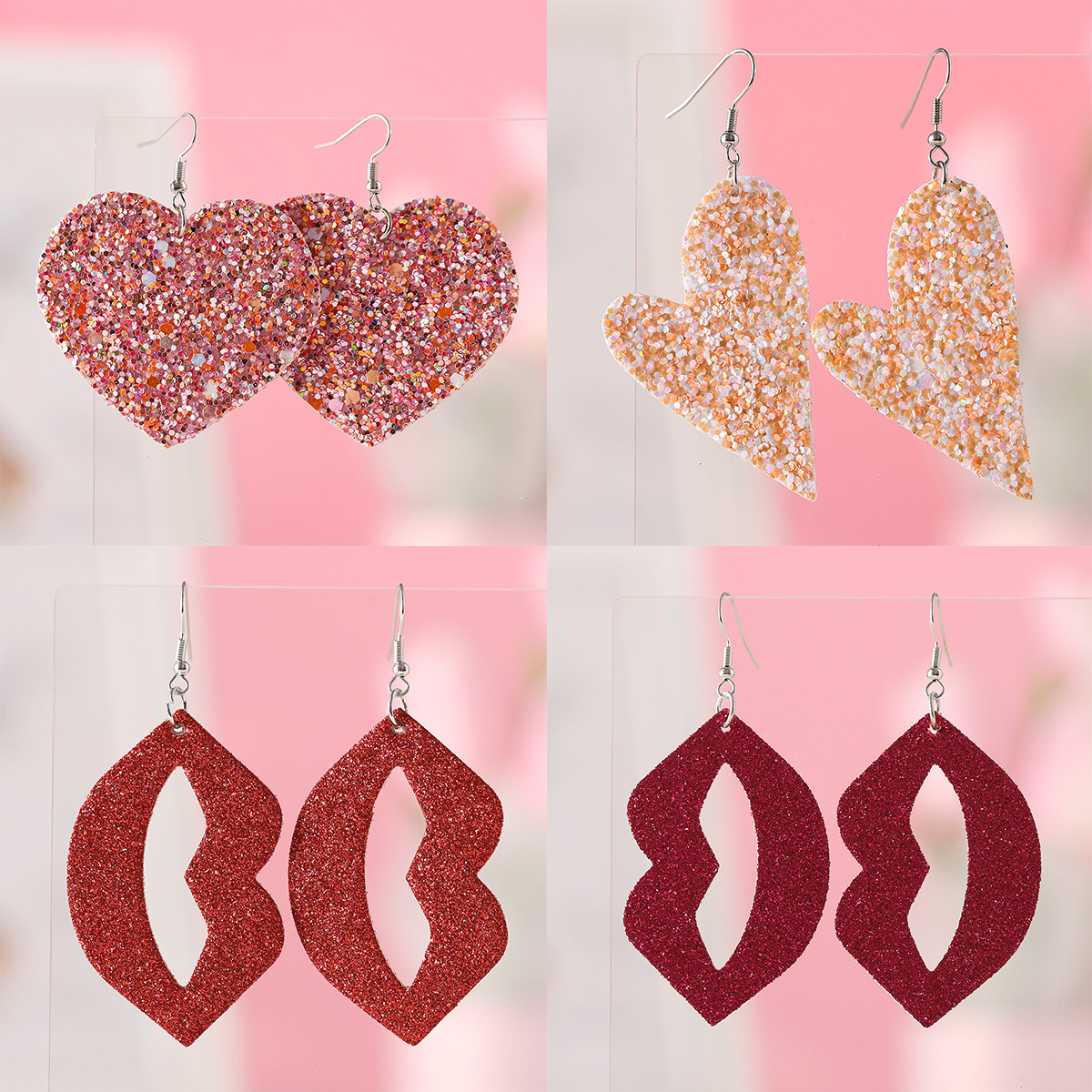 Wholesale Cross-border New Valentine's Day Blingbling Sequins Peach Heart Love Sexy Red Lips Earrings Leather Ear Jewelry