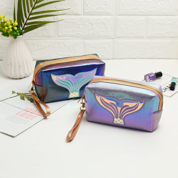 Wholesale PU Laser Cosmetic Bag Creative Fish Tail Portable Large Capacity Storage Bag Handheld Colorful Wash Bag