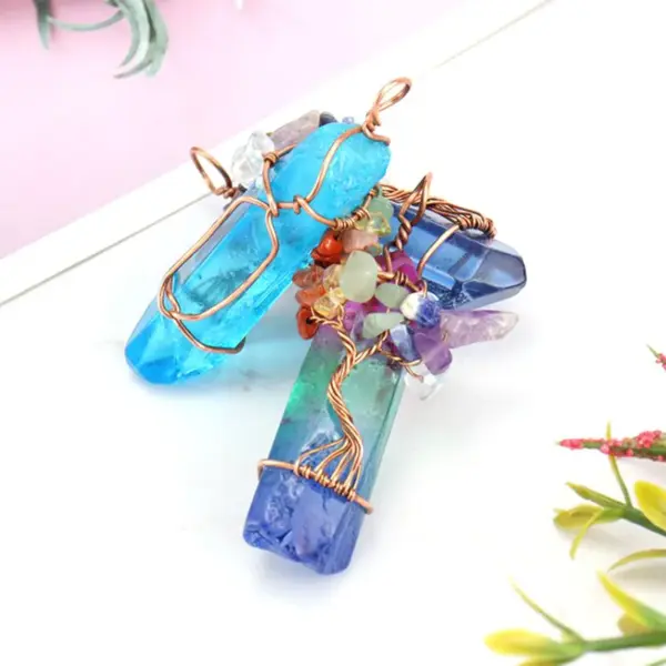 Wholesale Handmade Natural Crystal Column Painted Multi-Color Geometric Pattern Rock Wrapped Life Tree Necklace For Women Tiktok Live Broadcast