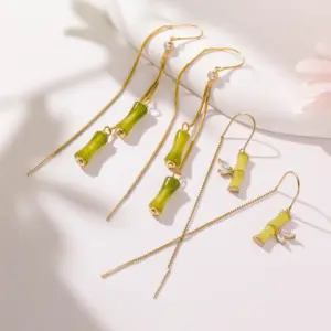 Wholesale 1 Pair Classical Romantic Bamboo Copper Zircon 14K Gold Plated Dangling Earrings