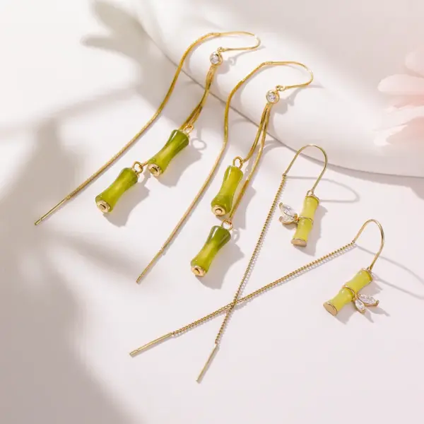 Wholesale 1 Pair Classical Romantic Bamboo Copper Zircon 14K Gold Plated Dangling Earrings