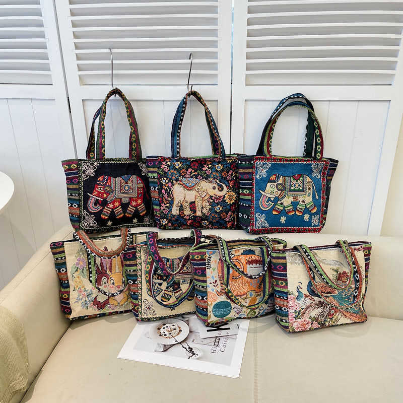 Wholesale Cross-border Ethnic Style Embroidered Hand Bag Artistic Retro Shoulder Bag Women's Large Capacity Double-sided Embroidered Handbag for Women