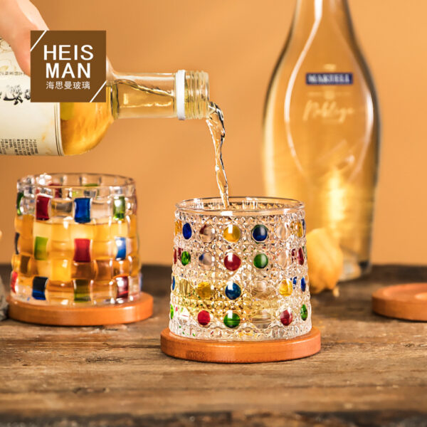 Wholesale Haisman thickened color glass creative rotating whiskey glass hand painted rotating cup with wooden tray decompression Cup