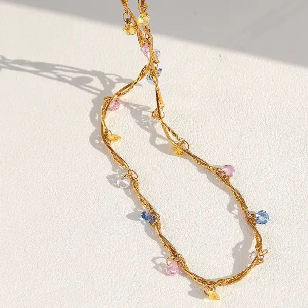 Wholesale French Line Wrapped Colorful Zircon Heart-Shaped Mixed Color 18K Gold Plated 304 Stainless Steel Vacuum Electroplated Necklace For Women Clavicle Chain Snake Chain
