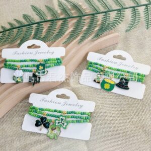 oly-11e662cd99f1f8be9d953edfeb0c5e14 Wholesale European and American Cross-border St. Patrick's Day Rice Bead Bracelet Simple Green Beaded Clover Bracelet Carnival Jewelry
