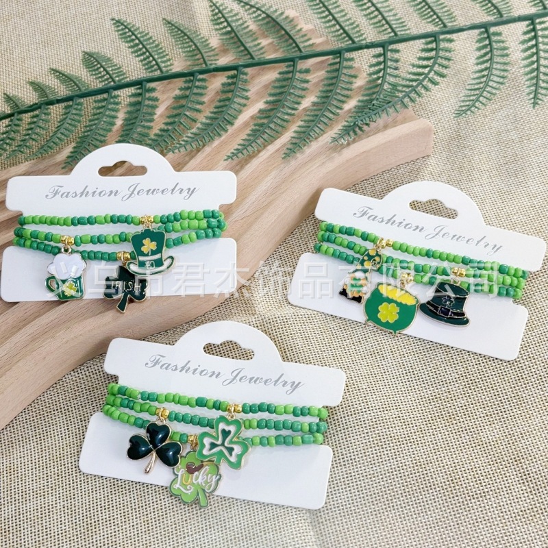 Wholesale European and American Cross-border St. Patrick's Day Rice Bead Bracelet Simple Green Beaded Clover Bracelet Carnival Jewelry