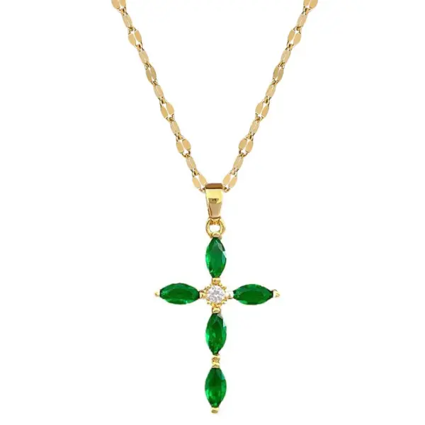 Wholesale Real Gold Plated 304 Stainless Steel PVD Coated Zircon Cross Waterproof Non Tarnish Simple Style Coffee Bean Chain Pendant Necklace For Unisex