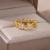 Wholesale 304 Stainless Steel Copper Star Bamboo Butterfly Electroplating PVD Coated Zircon 18K Real Gold Plated Elegant Lady Romantic Star Plating Butterfly Open Rings Rings