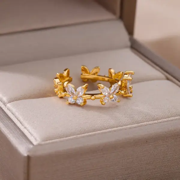 Wholesale 304 Stainless Steel Copper Star Bamboo Butterfly Electroplating PVD Coated Zircon 18K Real Gold Plated Elegant Lady Romantic Star Plating Butterfly Open Rings Rings