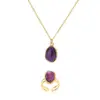 oly-12866a366006ea2ab2177e8efc618f44 Wholesale 2pcs/set Purple Natural Stone Necklace Ring Set 18K Gold Plated Waterproof Stainless Steel Necklace Ring Two-Piece Set Simple Style Jewelry Set Women's Accessories Wholesale Christmas Gift Choice
