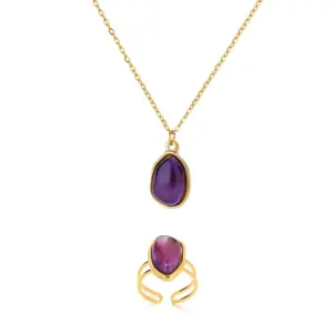 oly-12866a366006ea2ab2177e8efc618f44 Wholesale 2pcs/set Purple Natural Stone Necklace Ring Set 18K Gold Plated Waterproof Stainless Steel Necklace Ring Two-Piece Set Simple Style Jewelry Set Women's Accessories Wholesale Christmas Gift Choice