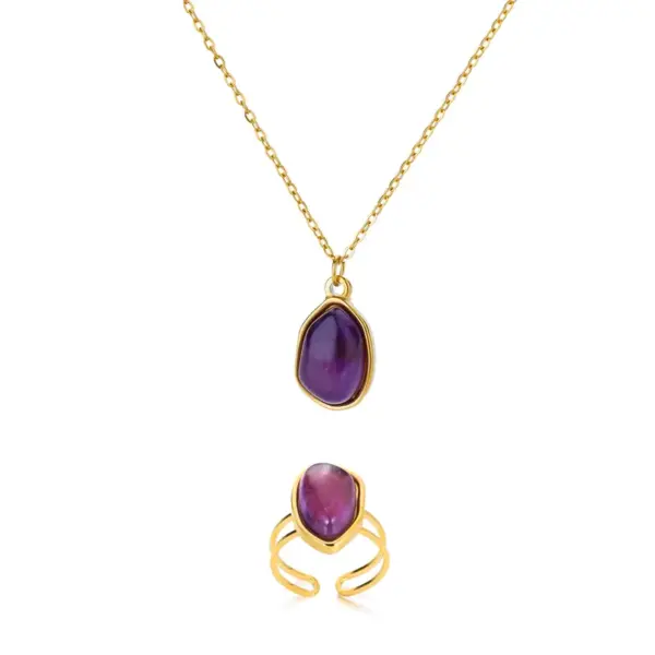 oly-12866a366006ea2ab2177e8efc618f44 Wholesale 2pcs/set Purple Natural Stone Necklace Ring Set 18K Gold Plated Waterproof Stainless Steel Necklace Ring Two-Piece Set Simple Style Jewelry Set Women's Accessories Wholesale Christmas Gift Choice