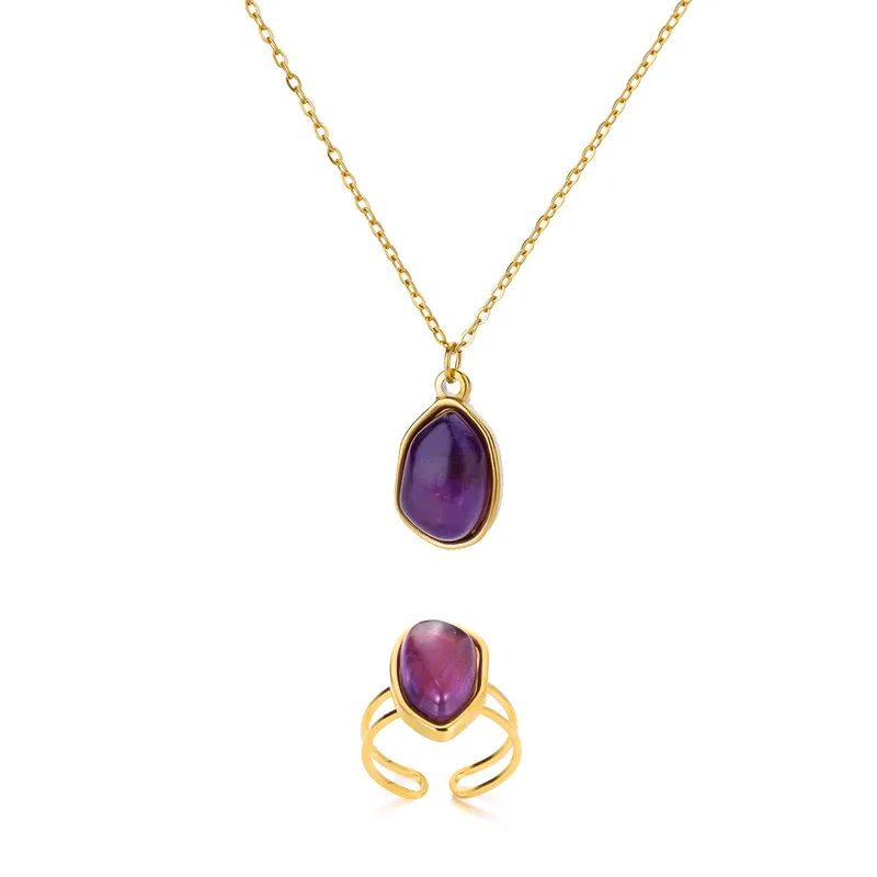 Wholesale set Purple Natural Stone Necklace Ring Set 18K Gold Plated Waterproof Stainless Steel Necklace Ring Two-Piece Set Simple Style Jewelry Set Women's Accessories Wholesale Christmas Gift Choice