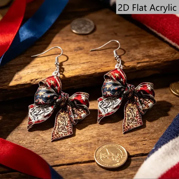 oly-128d89d4be1aae7b8f3c91955f369ef5 Wholesale Retro White & Red Bow Tie Print Drop Earrings For Women With 304 Stainless Steel Ear Pins