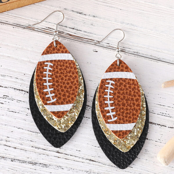 oly-129d1fe379c122a28621d3e600bb3922 Wholesale Rugby Sequins Three-layer Leather Water Drop Pendant Earrings Sports Ear Jewelry Gifts